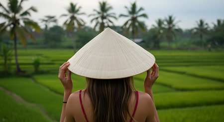 Rear view of woman in traditional Vietnamese hat standing in rice field.の写真素材