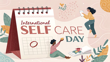 A cheerful illustration depicts International Self Care Day on a desk calendar.  Two women, one holding a small bowl, the other a tablet, are shown in relaxed poses.  The color palette is soft and includes various shades of pink, beige, and teal.  Floral elements and leaves are scattered around the main figures.  The overall style is flat vector illustration, with a calm and peaceful mood.の写真素材