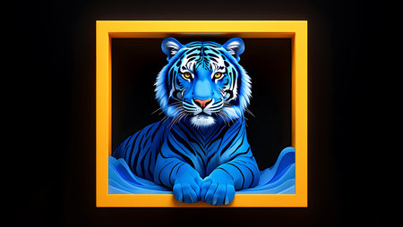A digital illustration depicts a vibrant blue tiger positioned within a bright yellow square frame. The tiger is rendered in a stylized manner with bold, saturated blue hues and distinct black stripes.  It appears to be resting on or emerging from stylized blue waves that are layered to create a sense of depth. The background is a stark black, providing a strong contrast to the bright colors of the tiger and frame. The overall style is modern and graphic, with a clean and slightly surreal aesthetic. The image has a bold and striking visual impact due to the color contrast and the framing device.の写真素材