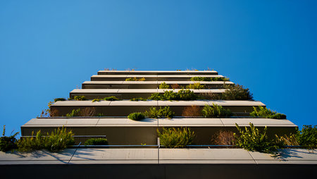 Low angle view of a modern building's exterior. The facade features numerous balconies, each planted with various green plants and shrubs. The building is primarily light beige or tan concrete. The sky is a clear, vibrant blue. The image is sharp and well-lit, with strong contrasts between the building's structure and the lush greenery. The overall mood is one of modern urban living with a focus on sustainable design.の写真素材