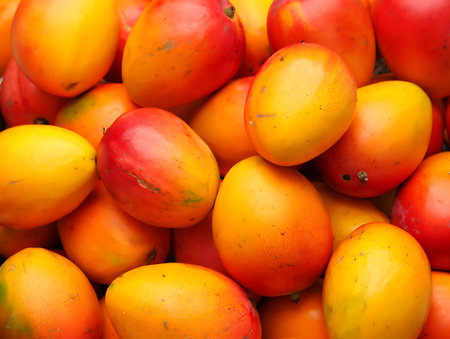 A close-up shot depicts a pile of ripe mangoes. The mangoes are predominantly yellow and orange, with some showing reddish hues.  Their skins appear smooth with slight variations in color and texture. The mangoes are tightly clustered together, creating a dense and colorful composition. The overall mood is one of abundance and freshness, suggesting a bountiful harvest or market display. The image focuses on the texture and color variations of the fruit.の写真素材