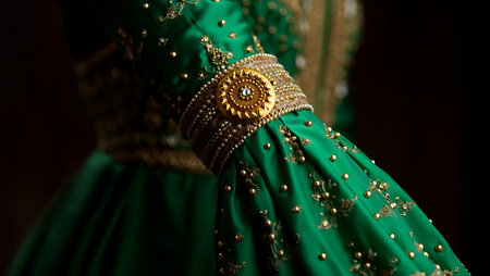 Close-up view of a section of an emerald green gown. The fabric is richly embellished with gold embroidery and small pearl accents. A gold bracelet adorned with pearls and a central circular gold and diamond-like element is prominently featured. The image focuses on the intricate details of the garment and jewelry, showcasing the texture and sheen of the fabrics and the sparkle of the embellishments. The dark background emphasizes the rich colors and details of the attire.の写真素材
