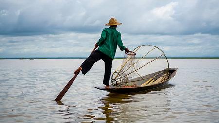 A lone fisherman on Inle Lake in Myanmar is shown from behind. He wears a green shirt and a straw hat. His right leg is raised as he uses a long wooden paddle to propel his small, dark brown wooden boat across the calm water.  A large circular fishing net is partially folded and rests in the boat. The sky is overcast with a muted grey and white cloud cover. The overall mood is serene and peaceful.の写真素材