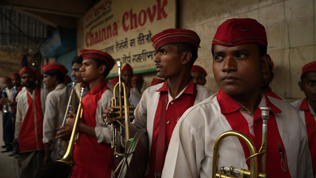 A group of Indian male musicians in off-white shirts with red accents and red caps stand closely together outdoors.  They hold brass instruments, primarily trumpets, and appear to be in a formal setting. The background features a partially visible sign with text in a foreign language. The overall mood is serious and focused, with the musicians seemingly poised for a performance. The lighting is natural, casting subtle shadows on their faces and uniforms. The colors are predominantly off-white, red, and the gold of the brass instruments.の写真素材
