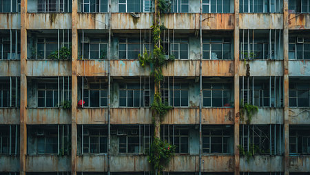 The image shows the facade of a multi-story apartment building. The building is heavily weathered, with rust-colored stains and peeling paint visible on the concrete and metal framework.  Vines and other plants grow along the exterior walls, partially obscuring some of the windows. The windows themselves are dark and appear to be old, many with grimy glass. The overall color palette is muted, with shades of teal, green, brown, and orange dominating. The mood is one of decay and abandonment, with a strong sense of texture and pattern created by the building's age and the encroaching vegetation.の写真素材