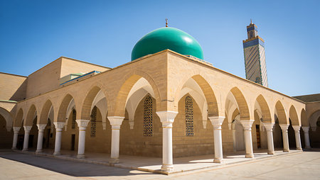 The image shows a sunlit courtyard of a tan-colored mosque.  The central feature is a structure with a vibrant teal dome and a series of graceful arches supported by white columns. The arches create a rhythmic pattern along the building's perimeter.  A tall minaret is visible in the background against a clear blue sky. The overall mood is one of calm and serenity. The stonework appears smooth, with subtle textural variations in the light.の写真素材