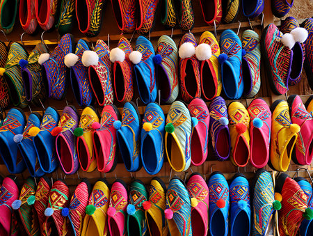 The image shows numerous pairs of brightly colored slippers arranged neatly on a wooden rack.  The slippers are predominantly made of a textile material and feature intricate embroidered designs in various colors including red, blue, yellow, pink, and purple.  Geometric patterns and small pom-poms adorn the slippers. The background is a simple wooden structure, allowing the vibrant colors and patterns of the footwear to stand out. The overall mood is cheerful and lively, suggesting a market or retail setting. The slippers appear to be handmade or at least feature a handcrafted aesthetic.の写真素材
