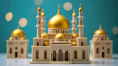 Close-up view of a detailed model of a mosque. The central structure features a large golden dome and smaller golden domes on the sides.  The minarets are tall and slender, also in a cream or off-white color. The background is a blurred teal color with bokeh lights. Two smaller, similar mosque models are slightly out of focus in the foreground. The overall style is clean and precise, suggesting a carefully crafted model. The color contrast between the gold domes and the teal background is striking.の写真素材