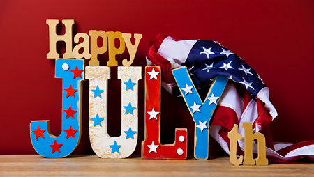 The image shows large wooden letters spelling out Happy July 4th. The letters are painted in red, white, and blue with small stars.  An American flag is draped behind and partially in front of the letters. The background is a deep red. The letters and flag rest on a light brown wooden surface. The overall style is rustic and patriotic. The colors are bold and vibrant.の写真素材
