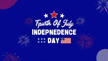 A digital illustration on a vibrant blue background features the text Fourth of July Independence...
