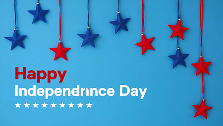 A vibrant blue background features red and blue stars hanging from strings. The stars are arranged...