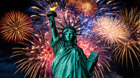 A close-up view of the Statue of Liberty at night, dramatically set against a backdrop of vibrant fireworks in shades of red, orange, purple, and gold. The statue is depicted in a teal-green hue, its details sharply visible against the explosive bursts of color. The overall mood is celebratory and patriotic, evoking a sense of national pride and festivity. The composition is dynamic, with the fireworks creating a visually stunning contrast to the iconic figure.の写真素材