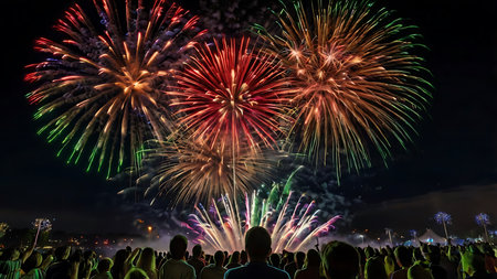 A large crowd of people silhouetted against a vibrant fireworks display at night. The fireworks are multicolored, predominantly red, green, and gold, with bright sparks and explosions filling the dark sky. The scene is dynamic and energetic, capturing the excitement of a large-scale fireworks show. The composition shows the fireworks as the central focus, with the crowd providing a sense of scale and participation. The overall mood is celebratory and festive.の写真素材