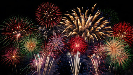 A vibrant display of fireworks against a dark night sky.  The fireworks are predominantly red, gold, and green, with bursts of various other colors.  The image shows multiple fireworks exploding simultaneously, creating a dynamic and energetic composition.  The smoke trails are visible, adding depth and texture to the scene. The overall mood is celebratory and exciting.の写真素材