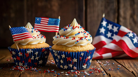 Two vanilla cupcakes are adorned with red white and blue sprinkles and small American flags. They are nestled in blue cupcake liners decorated with white stars. A larger American flag is draped in the background. The cupcakes and flag rest on a rustic brown wooden surface with scattered sprinkles. The overall mood is festive and celebratory. The image is sharply focused, with vibrant colors and a warm lighting scheme.の写真素材