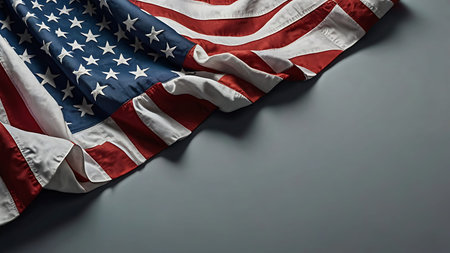 A portion of an American flag is artfully draped across a plain gray background The flag is shown in...