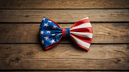 A close-up shot depicts a bow tie fashioned from an American flag resting on a dark brown rustic wooden surface. The wood grain is visible, showing its age and texture. The bow tie is neatly tied, with the stars and stripes clearly visible. The colors are vibrant, with deep reds, crisp whites, and rich blues. The overall mood is patriotic and slightly nostalgic due to the rustic setting. The image is well-lit, highlighting the details of both the bow tie and the wooden background. The composition is simple and clean, focusing attention on the central subject.の写真素材