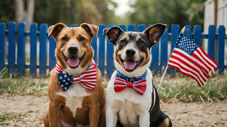 Two dogs, one brown and white and the other predominantly black and white, sit side by side in front of a blue wooden fence.  Both dogs wear bow ties patterned with the American flag's colors. A small American flag is held by the dog on the right. The dogs appear happy and are looking directly at the camera. The setting is outdoors, with grass visible in the background. The overall mood is cheerful and celebratory. The image is well-lit and sharply focused.の写真素材