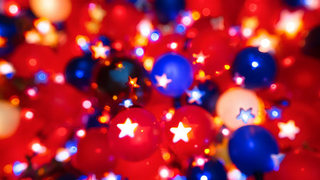 A close-up shot of blurred lights creating a bokeh effect. The dominant colors are red, blue, and white, with small star-shaped lights interspersed throughout. The overall impression is one of festive illumination, suitable for holiday or celebratory themes. The image is abstract and lacks sharp focus, emphasizing the interplay of light and color.  The colors are rich and saturated, creating a vibrant and energetic mood.  The star shapes add a playful and celebratory element to the overall composition.の写真素材