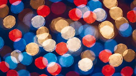A vibrant bokeh background featuring numerous out-of-focus circular lights. The colors are predominantly red, blue, gold, and off-white, creating a festive and celebratory mood. The lights are densely packed, overlapping and varying in size and intensity, resulting in a rich textural effect. The overall tone is bright and cheerful, suitable for celebratory designs or holiday-themed projects. The image is abstract and lacks any discernible objects in sharp focus.の写真素材