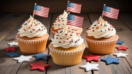 A close-up photograph depicts four vanilla cupcakes adorned with red, white, and blue sprinkles. Each cupcake is topped with a small American flag toothpick. The cupcakes are arranged on a rustic wooden table, surrounded by small star-shaped decorations in matching colors. The lighting is soft and warm, highlighting the creamy texture of the frosting and the vibrant colors of the sprinkles and flags. The overall mood is festive and celebratory.の写真素材