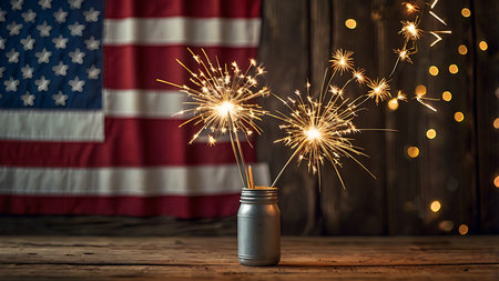 Two lit sparklers are inserted into a silver metal jar. The jar sits on a dark brown wooden surface.  A blurred American flag hangs in the background.  The overall mood is festive and celebratory, with warm golden light from the sparklers contrasting against the dark wood and the red, white, and blue of the flag.  Bokeh lights add to the celebratory atmosphere.の写真素材