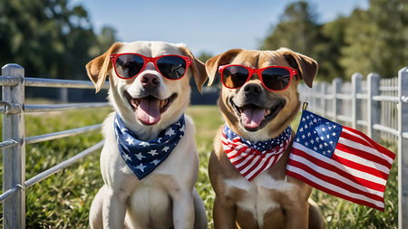 Two dogs, a light-colored and a tan-colored, sit side-by-side outdoors near a metal fence. Both dogs...