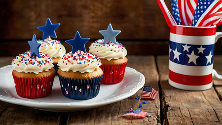 Close-up view of three cupcakes adorned with blue stars and red and white sprinkles. The cupcakes have a light yellow cake base and white frosting. They are arranged on a white plate on a rustic wooden surface.  A mug decorated with an American flag pattern and small American flags are also visible. The overall color scheme is red, white, and blue, evoking a patriotic theme. The image has a warm, inviting mood.の写真素材