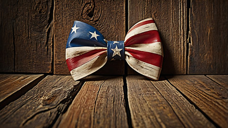 A close-up shot reveals a large bow tie designed with the American flag's colors and stars. The bow tie exhibits a distressed, aged appearance with visible wear and texture. It rests on a rustic surface composed of dark brown, weathered wooden planks. The wood's grain and texture are prominent, adding a vintage feel to the image. The color palette is dominated by the red, white, and blue of the bow tie, contrasting with the dark brown tones of the wooden background.  The overall mood is patriotic and nostalgic.の写真素材