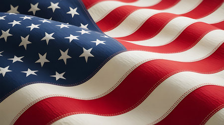 A close-up photorealistic image depicts a section of the American flag. The image focuses on the texture and detail of the fabric, showing the red and white stripes and the blue field with white stars. The flag is slightly waving, creating soft folds and curves in the fabric. The stitching along the stripes is visible, adding to the realistic texture. The colors are vibrant and saturated, with a slightly textured appearance to the fabric. The overall mood is one of patriotism and national pride.の写真素材