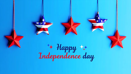 Five stars hang against a bright blue background. Two stars are decorated with the American flag design in red and white stripes and white stars. Three stars are solid red.  The stars are suspended from strings. The text "Happy Independence Day" is written in red, white, and blue lettering in the center. The overall mood is celebratory and patriotic. The image is suitable for use as a background or for creating cards and other celebratory materials.の写真素材