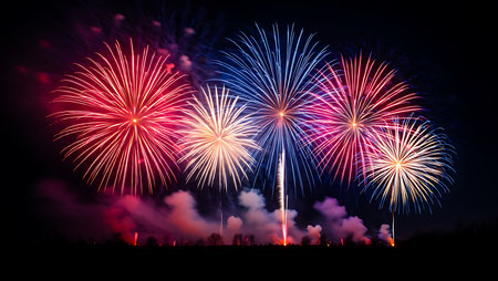 The image shows a vibrant fireworks display against a dark night sky. Multiple fireworks burst in a variety of colors including red, blue, gold, and white. The fireworks are large and expansive, filling much of the frame.  Smoke trails are visible below the bursts. The overall mood is festive and celebratory. The colors are intense and saturated, creating a dramatic visual effect. The composition is balanced, with the fireworks arranged across the frame.の写真素材