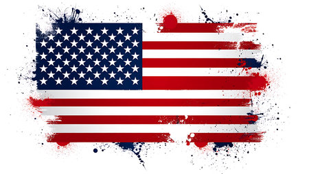 An image depicting the American flag in a grunge style. The flag is rendered with visible brush strokes and paint splatters in red, white, and blue. The stars and stripes are clearly visible, but the overall effect is one of texture and movement. The background is white, allowing the colors of the flag to stand out. The style is abstract and energetic, suggesting a sense of patriotism and celebration.  The paint splatters are varied in size and density, adding to the overall distressed look.の写真素材