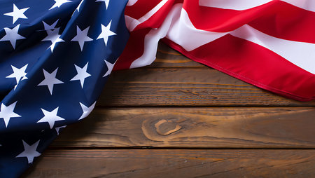 A portion of an American flag is draped diagonally across dark brown wooden planks. The flag's blue field with white stars is prominently featured on the left, while the red and white stripes are visible on the right. The wood grain is visible in the planks, providing a textured contrast to the smooth fabric of the flag. The overall mood is one of solemnity and patriotism, suitable for commemorative occasions.  The image offers ample copy space.の写真素材