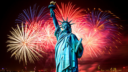 A nighttime photograph of the Statue of Liberty silhouetted against a vibrant display of red, blue, and gold fireworks. The fireworks explode in a variety of patterns and shapes across the dark night sky.  The Statue of Liberty is centrally positioned, its teal-green patina glowing subtly against the intense colors of the pyrotechnics. A cityscape is visible in the far background, adding depth to the scene. The overall mood is celebratory and patriotic.の写真素材