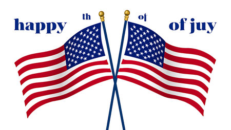 The image shows two American flags crossed at their poles against a white background. The flags are red, white, and blue with white stars on a blue canton.  The flags are depicted waving gently.  The text "happy 4th of July" is displayed in a navy blue sans-serif font above and between the flags. The overall style is simple and clean, suitable for a variety of celebratory uses.の写真素材