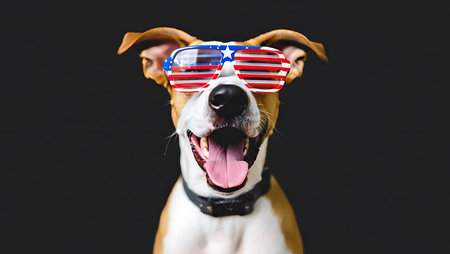 A close-up photograph shows a happy dog wearing sunglasses decorated with the American flag colors red white and blue. The dog's mouth is open in a smile revealing its pink tongue.  The dog is predominantly white and tan with brown ears. The background is a solid black which provides a stark contrast to the dog and its brightly colored sunglasses. The image is well-lit and sharply focused on the dog's face. The overall mood is cheerful and festive.の写真素材