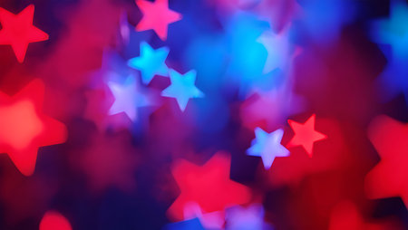 An abstract image featuring numerous out-of-focus star-shaped lights. The stars are predominantly red and blue, creating a vibrant and dynamic effect. The colors blend and overlap, resulting in a soft, textured appearance.  The overall mood is festive and celebratory, suggesting a nighttime setting. The lack of sharp focus contributes to an ethereal and dreamy quality. The image is suitable for backgrounds or overlays in various design projects.の写真素材