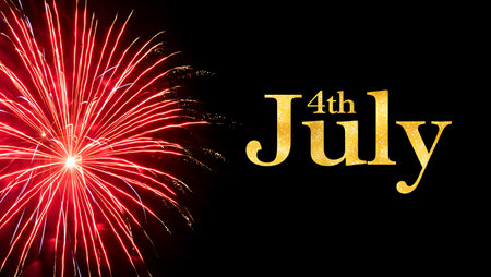 A vibrant red firework display dominates the left side of the image against a completely black background. The firework bursts outward in a radial pattern with thin, bright red lines and hints of blue.  To the right, the words "4th July" are displayed in a stylized gold font that appears textured and slightly glittery. The contrast between the dynamic fireworks and the static, elegant text creates a visually striking composition. The overall mood is celebratory and festive.の写真素材
