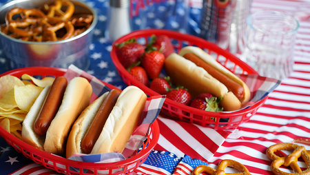 Two red plastic baskets filled with hot dogs in buns, potato chips, and fresh strawberries sit on a red and white striped tablecloth.  A container of pretzels is visible in the background. The scene suggests a casual outdoor picnic or celebration, possibly related to an American holiday like the Fourth of July, given the patriotic tablecloth. The colors are vibrant and the food looks appetizing. The overall mood is cheerful and festive.の写真素材