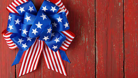 A large, intricately tied ribbon bow in red, white, and blue is positioned on a weathered red wooden surface. The bow features a prominent blue center section with white stars, surrounded by red and white striped ribbons. The wood shows visible texture and signs of age, with cracks and imperfections in the paint. The overall color palette is vibrant and festive, evoking a patriotic theme. The image is well-lit and sharply focused, showcasing the details of both the bow and the wooden background. The composition is simple yet effective, with the bow as the main focal point against the contrasting red wood.の写真素材