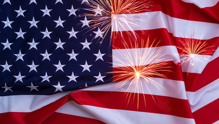 A close-up image depicts an American flag draped and folded, with vibrant fireworks exploding behind and partially obscuring it. The fireworks are predominantly orange and white, creating a dynamic contrast against the deep blue and bold red and white stripes of the flag. The fabric of the flag has a slightly textured appearance. The overall mood is celebratory and patriotic, suggesting a Fourth of July or Independence Day theme.  The composition is balanced, with the fireworks centered and the flag filling the frame. The colors are rich and saturated, enhancing the festive atmosphere.の写真素材