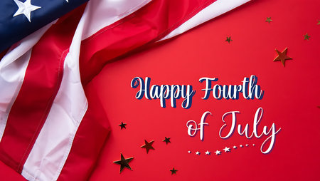 A close-up overhead shot depicts a portion of an American flag draped on a vibrant red background.  Gold and red stars are scattered around the flag and a stylized "Happy Fourth of July" message is centrally positioned in navy blue and white script. The red background is a solid, even color, providing a strong contrast to the flag's red and white stripes and blue field. The flag's texture is visible, showing the folds and creases of the fabric. The overall mood is celebratory and patriotic.の写真素材