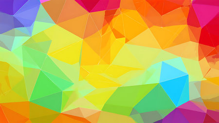 Vivid multicolored geometric pattern of overlapping triangles creating a dynamic abstract background.  Bright hues of yellow orange red green blue and purple blend seamlessly.の写真素材