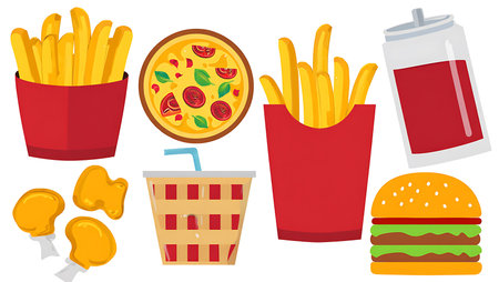 Red and yellow cartoon fast food items including pizza fries burger soda and chicken nuggets are shown against a white backgroundの写真素材
