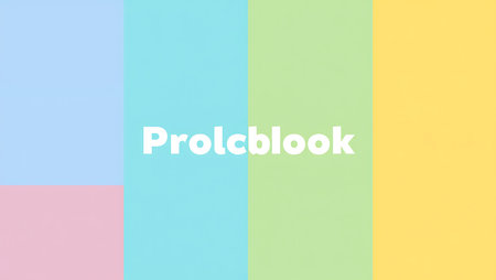 A simple design featuring four pastel color blocks light blue, pink, light green, and yellow with the word Prolcblook in white sans-serif font centered.の写真素材