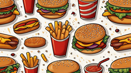 A repeating pattern of cartoon fast food items including burgers, hotdogs, french fries, and drinks in red and yellow cups on a white background with small brown speckles.の写真素材