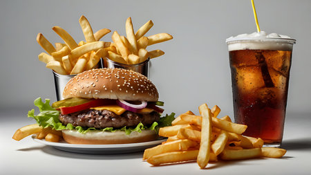 A cheeseburger with lettuce tomato onion and cheese sits on a plate next to two portions of golden french fries and a glass of brown cola with ice a yellow straw in it.の写真素材