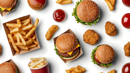 Overhead view of various fast food items including burgers, french fries, chicken nuggets, and...