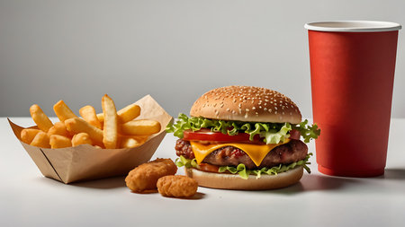 A cheeseburger with lettuce and tomato sits next to a paper container of french fries and chicken nuggets A red paper cup is also present The background is whiteの写真素材